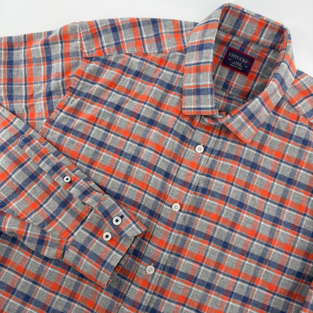 UNTUCKit Flannel Shirt Mens Large Grey Orange Blue Plaid Button Down Casual Prep